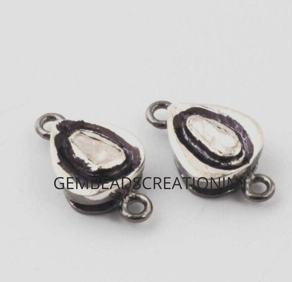 Pave diamond charm 925 sterling silver polki pear shape rose cut connector jewelry findings necklace bracelet charm 16x9mm