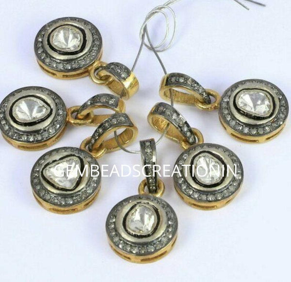 22x12mm Pave Diamond Polki Pendant Handmade Rose Cut Diamond Round Pendant 925 Silver Charm Necklace Bracelet Charm Jewelry Pendantt