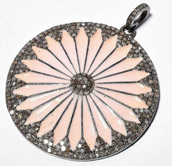 50mm Pave Diamond Circle Designer Pendant 925 Sterling Silver Enamel Round Flower Pendant Necklace Handmade Fine Jewelry