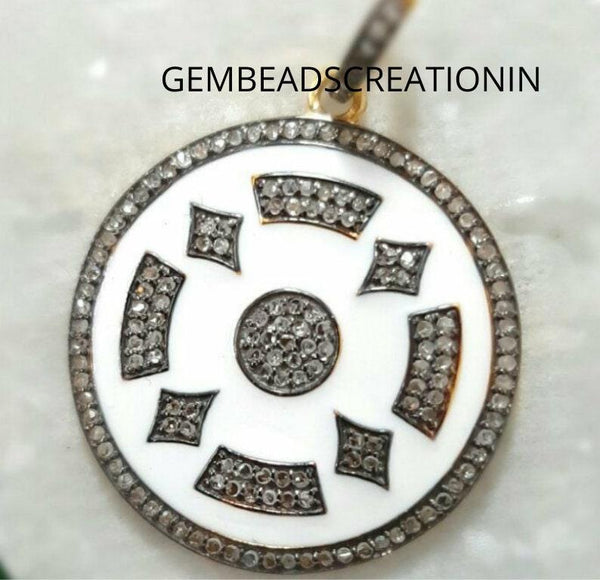 28mm Pave Diamond Enamel Pendant 925 Sterling Silver Bakelite Enamel Jewelry Handmade Necklace Fine Jewelry Unisex Pendant Gifts