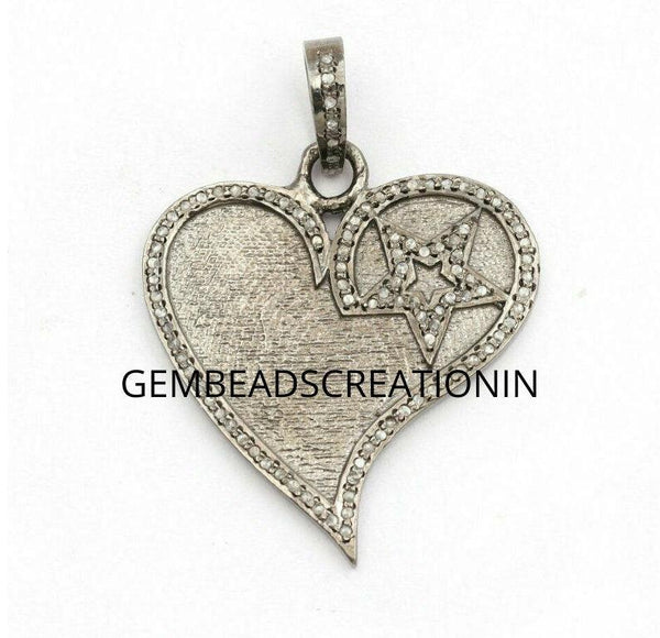 pave diamond heart pendant 29x32mm heart star necklace love pendant handmade jewelry 925 sterling silver gift for her