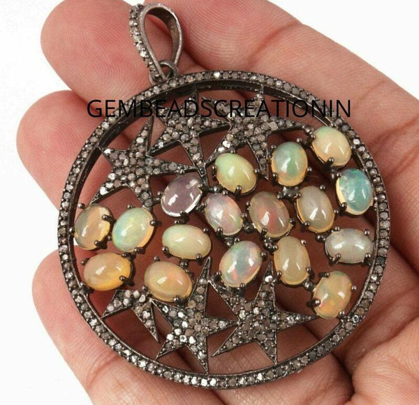 53x49mm Pave Diamond Opal Star Pendant 925 Sterling Silver Ethiopian Opal Round Pendant Necklace Handmade Diamond Jewelry