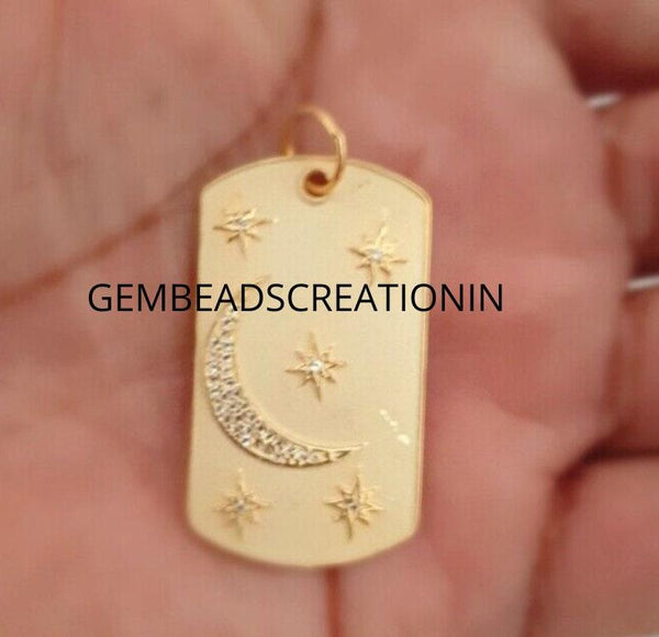 Pave diamond pendant 925 sterling silver moon star charm pendant 44x25mm diamond jewelry celestial jewelry necklace handmade dog tag pendant