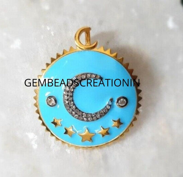 Pave diamond pendant enamel pendant 925 sterling silver moon charm gold plated necklace pendant gift ideas moon round pendant jewelry 30mm