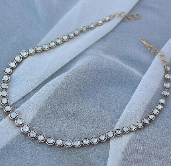 Natural Uncut Polki Diamond Necklace 925 Sterling Silver Victorian Necklace Handmade Jewelry Rosecut Polki Jewelry Gifts For Her