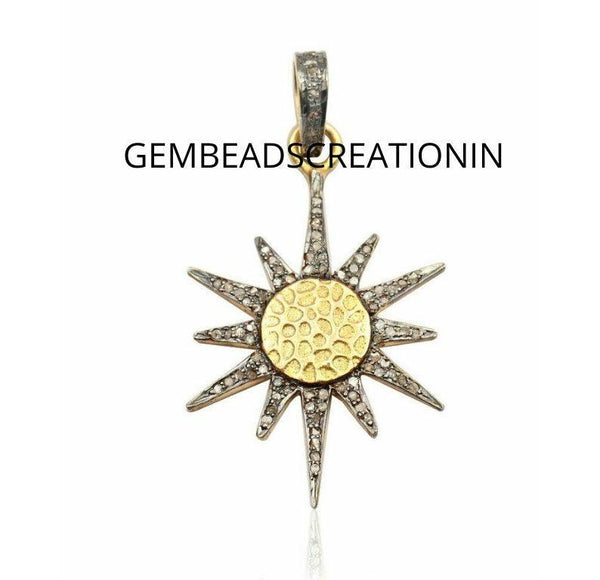 36x22mm pave diamond sun pendant handmade diamond charm 925 sterling silver textured sun burst necklace pendant gift jewelry