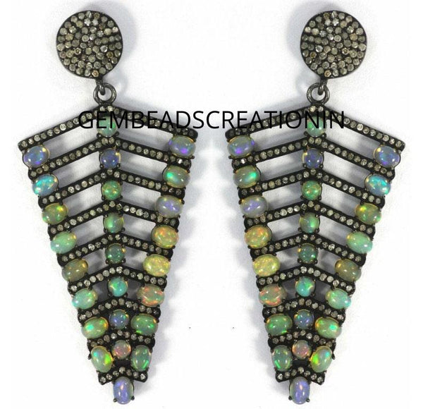 Ethiopian Opal Earring Pave Diamond Jewelry 925 Sterling Silver Diamond Opal Jewelry Gift Ideas 55X35mm Diamond Earrings Gift For Her