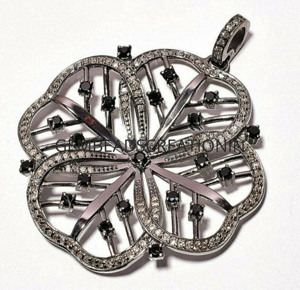 Pave Diamond Flower Pendant 925 Sterling Silver Black Spinel Necklace Diamond Locket Pendant Gift For Her Handmade Necklace Jewelry