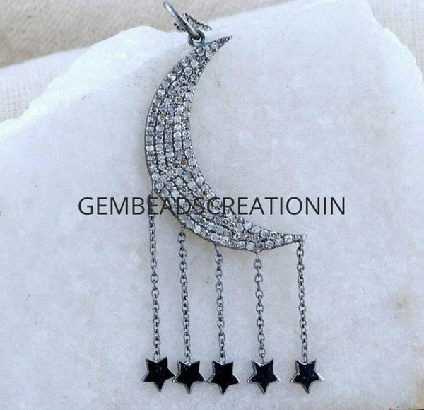 Pave Diamond Crescent Moon Pendant 925 Sterling Silver Moon And Star Charm Gift 50x8mm Handmade Diamond Fine Jewelry