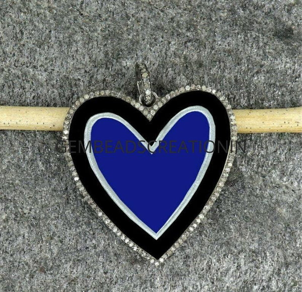 Pave Diamond Enamel Heart Pendant 925 Silver Bakelite Diamond Love Pendant Heart Necklace Wedding Engagement Gift For Her Gift Ideas 40x34mm