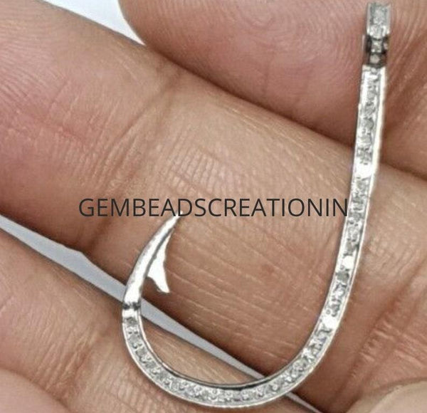 Pave Diamond Hook Pendant Diamond Fish Hook Pendant Diamond Jewelry Findings 925 Silver Bracelet necklace Charm