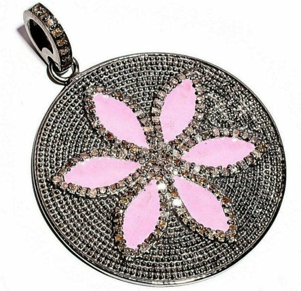 Diamond Pave Flower Pendant 925 Silver Fancy Round Enamel Pendant Gift For Her Bakelite jewelry Handmade Fine Jewelry Necklace pendant 50mm