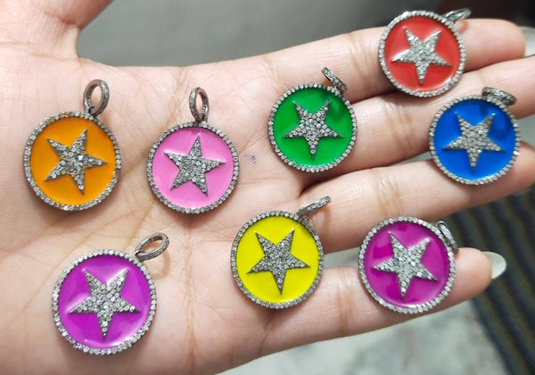 Pave Diamond Star Pendant 925 Sterling Silver 22mm Diamond Round Pendant Enamel Pendant Necklace Bakelite Round Star Celestial Jewelry