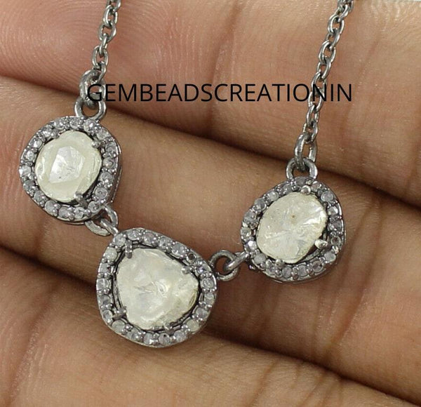 Polki Diamond Necklace 925 Silver Jewelry Designer Victorian Style Necklace Three Polki Diamond Handmade Jewelry Gift  Her Rosecut Diamond