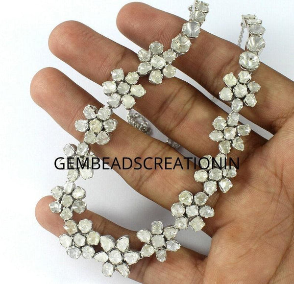 Flower Polki Diamond Necklace 925 Silver Victorian Necklace Handmade Necklace Gifts Rosecut Diamond Necklace Polki Rose Cut Diamond Jewelry