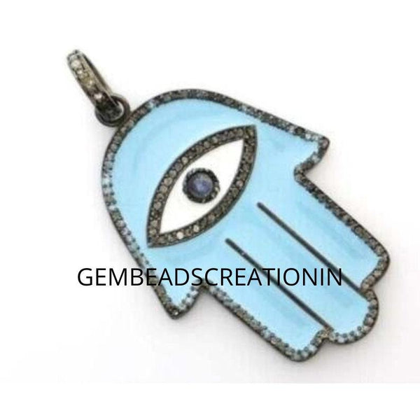 Enamel Diamond Hamsa Pendant 925 Sterling Silver Handmade Diamond Jewelry Bakelite Diamond Enamel Necklace Pendant