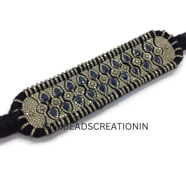 RoseCut Pave Diamond Blue Sapphire Thread Bangle Bracelet Jewelry in 925 Sterling Silver