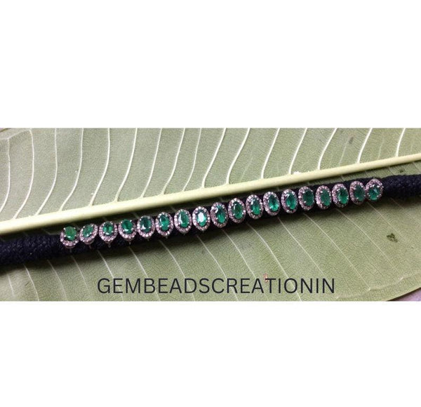 RoseCut Pave Diamond Emerald  Macrame Thread Bangle Bracelet Jewelry in 925 Sterling Silver
