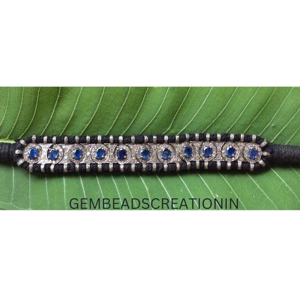 RoseCut Pave Diamond Emerald Blue Sapphire  Thread  Bracelet Jewelry in 925 Sterling Silver