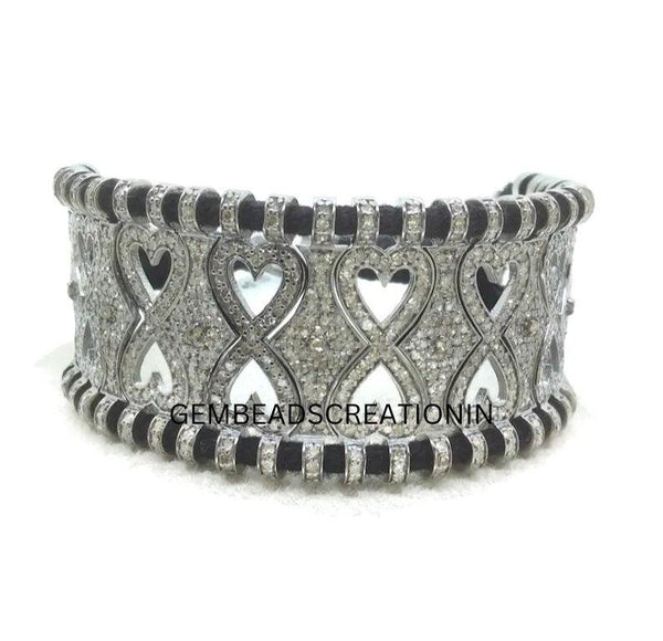 RoseCut Pave Diamond Heart Design  Thread Bangle Bracelet Jewelry in 925 Sterling Silver knotted