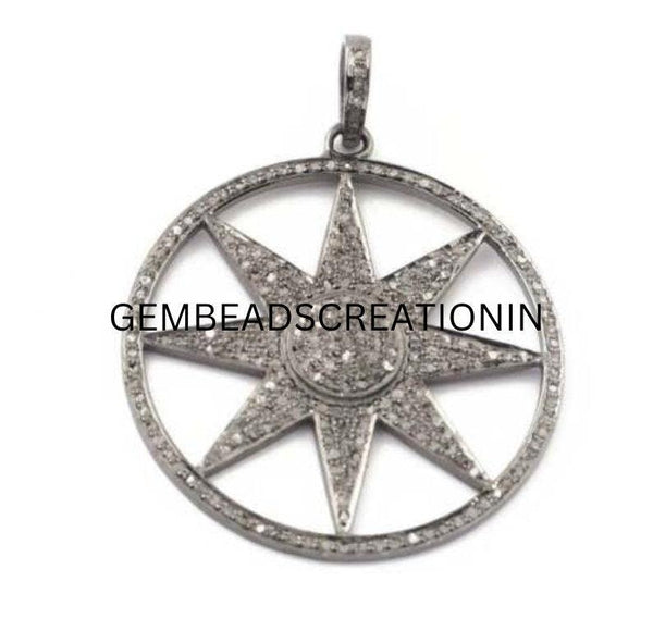 Pave Diamond Pendant Diamond Star Pendant 40x44mm Round Disc Pendant Diamond Jewelry Star Necklace Celestial Jewelry Gift For Her 925 Silver