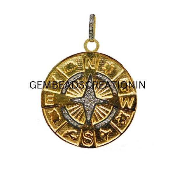 Pave Diamond Pendant/36mm Compass Pendant/Round Pendant/East West Pendant/North Star Pendant/Round Disc Pendant Jewelry/Unisex Gifts Jewelry