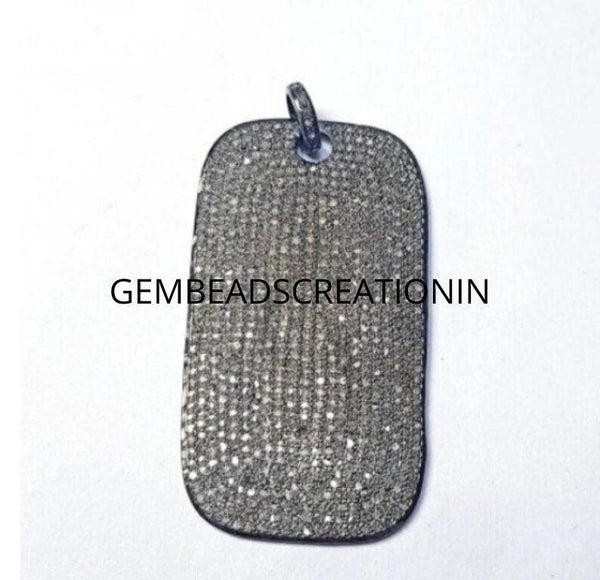 Pave Diamond Rectangle Pendant/925 Sterling Silver/52x27mm Diamond Necklace/Dog Tag Jewelry/Handmade Jewelry/Rose Cut Diamond/Necklace Gifts