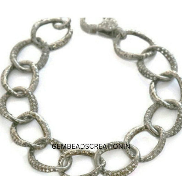 Pave Diamond Oval Chain Link Bracelet 925 Sterling Silver Diamond Bracelet Gift For Her Anniversary Birthday Gift Handmade Fine Jewelry