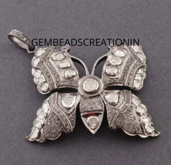 49mm natural pave diamond with uncut polki rosecut butterfly pendant 925 sterling silver handmade necklace pendant fine jewelry gift for her