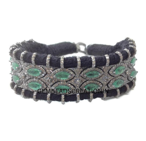 RoseCut Pave Diamond Emerald  Marquise  Thread Bangle Bracelet Jewelry in 925 Sterling Silver