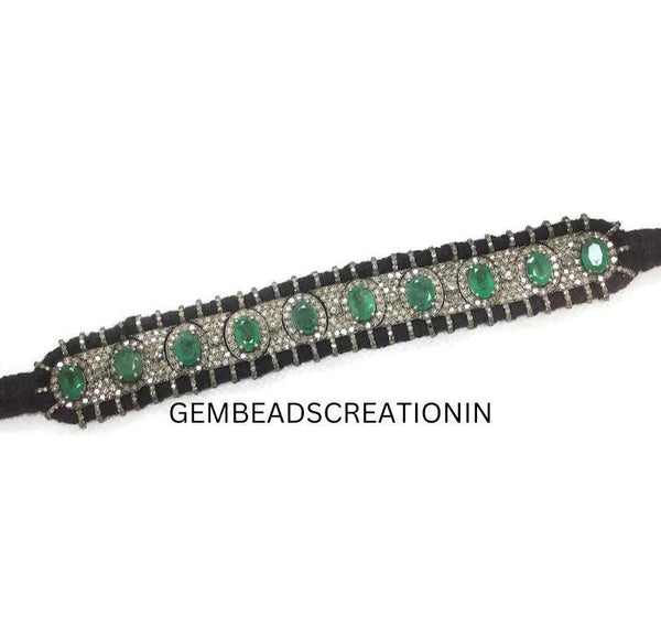 RoseCut Pave Diamond Emerald Thread Bangle Bracelet Jewelry in 925 Sterling Silver