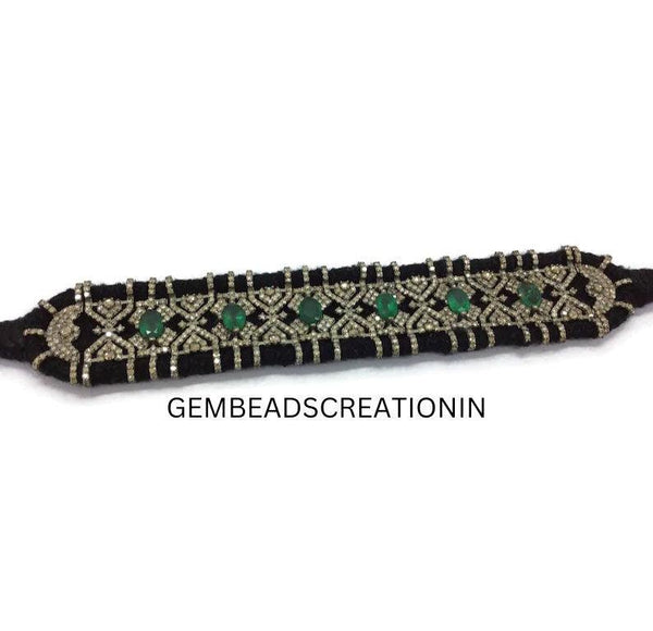 RoseCut Pave Diamond Emerald Thread Bangle Bracelet Jewelry in 925 Sterling Silve