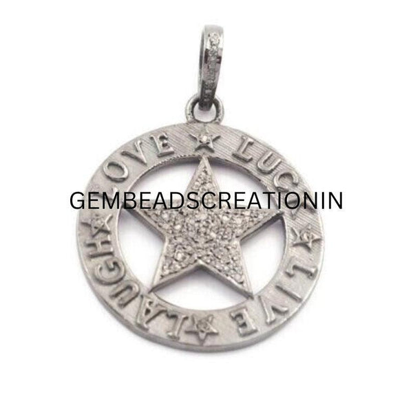 Pave Diamond Pendant/Round Star Pendant/34x30mm/925 Sterling Silver Diamond Star Pendant/Diamond Handmade Jewelry/Round Pendant/Gift For Her