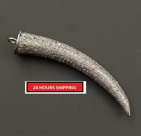 Pave Diamond Tiger Tooth Pendant 925 Silver Diamond Findings Jewelry Necklace Pendant Diamond Horn Pendant Handmade Fine Halloween Jewelry
