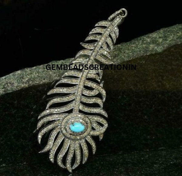 Diamond Turquoise Feather Pendant/Pave Diamond Pendant/Leaf Pendant/Necklace Pendant/Fine Handmade Jewelry/Gift Ideas/925 Sterling Silver