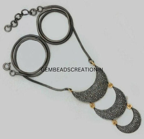 Pave Diamond Three Sided Link Connector In 925 Sterling Silver 51x25mm Crescent Moon Necklace