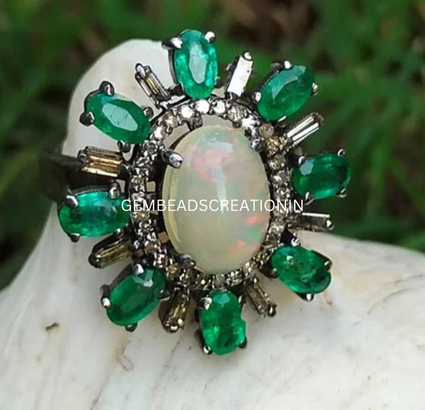 Baguette Diamond Emerald Ring Natural Opal Ring 925 Sterling Silver Birthday Anniversary Gift Pave Diamond Ring Gemstone Ring Gift For Her
