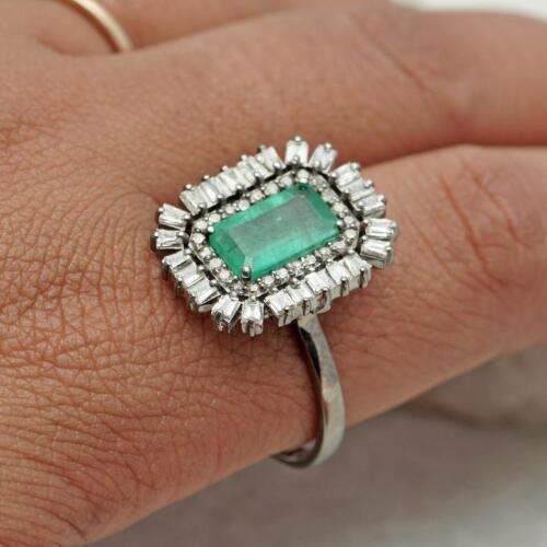 Natural Emerald Diamond Ring | 925 Sterling Silver | Engagement & Wedding Ring | Baguette Diamond Birthstone Ring | Gift for Her